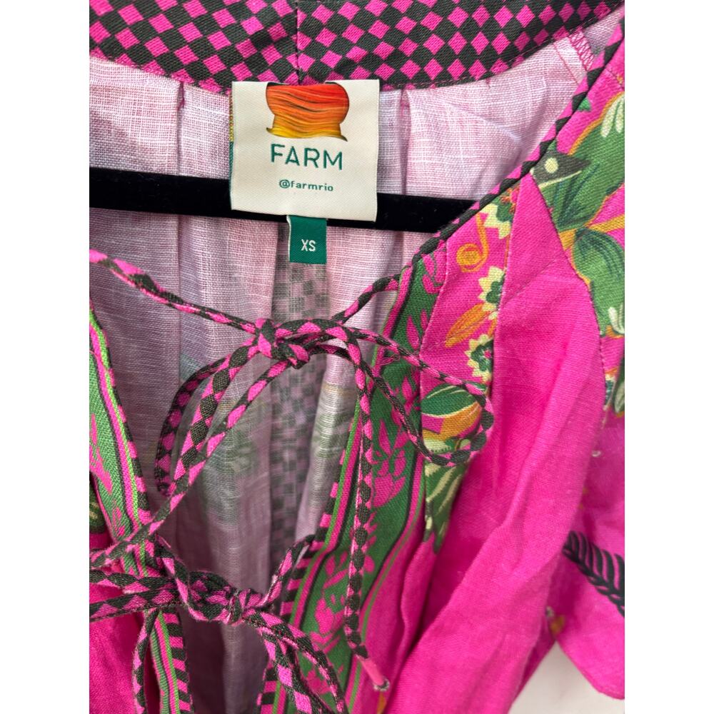 Farm Rio $298 Pink Ana Tapestry Midi XS Dress Floral Cottagecore Linen - Picture 3 of 10